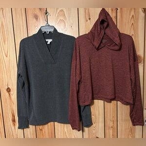 Athleta Set 2PC Top Sweatshirts Grey V-Neck + Hooded Maroon Size M Sweater Duo